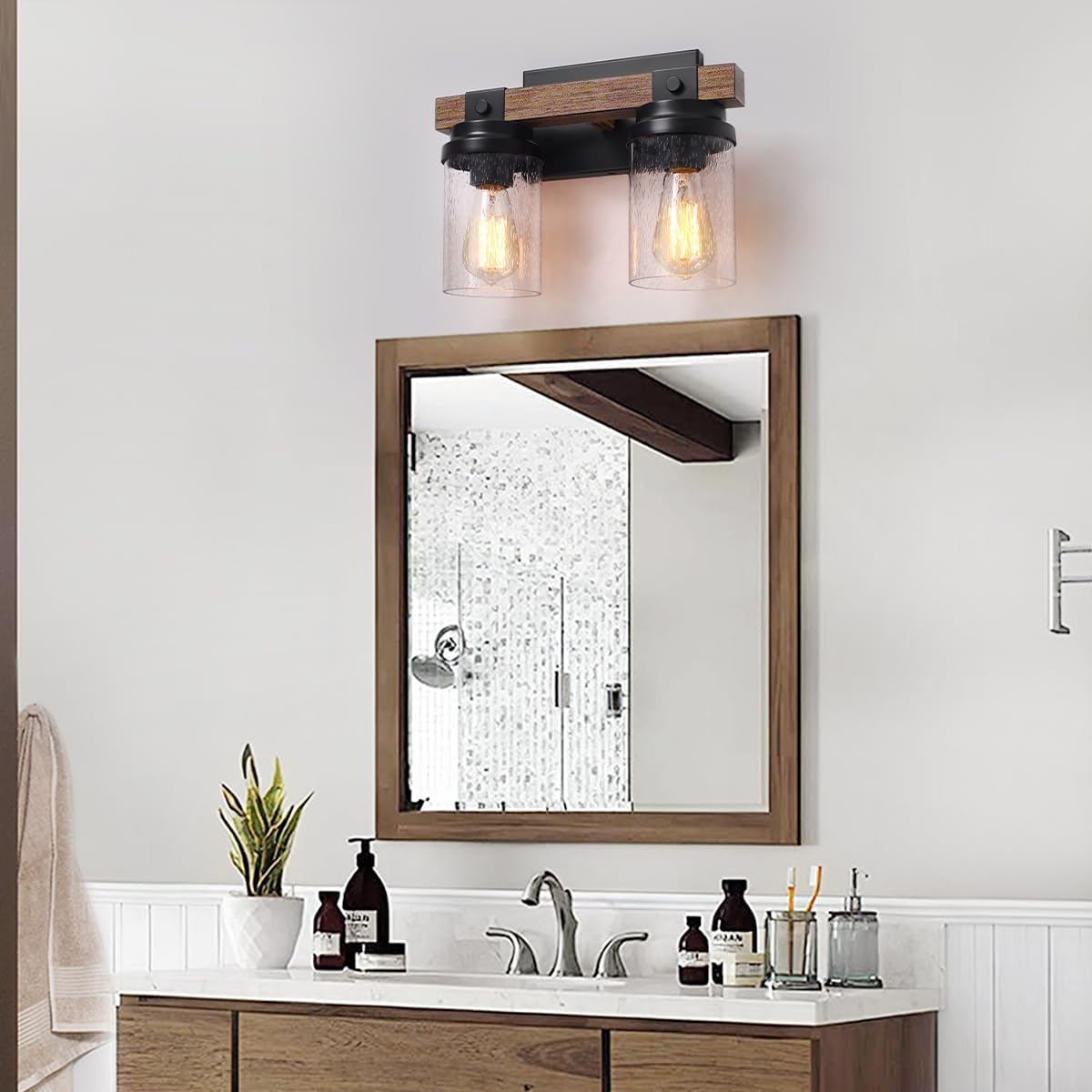 2-Light Farmhouse Vanity Lights for Bathroom, Rustic Bathroom Light Fixtures with Pretty Glass Shade, Rustic Vanity Light for Mirror, Black Wood Wall Sconces for Hallway Bedroom Living Room