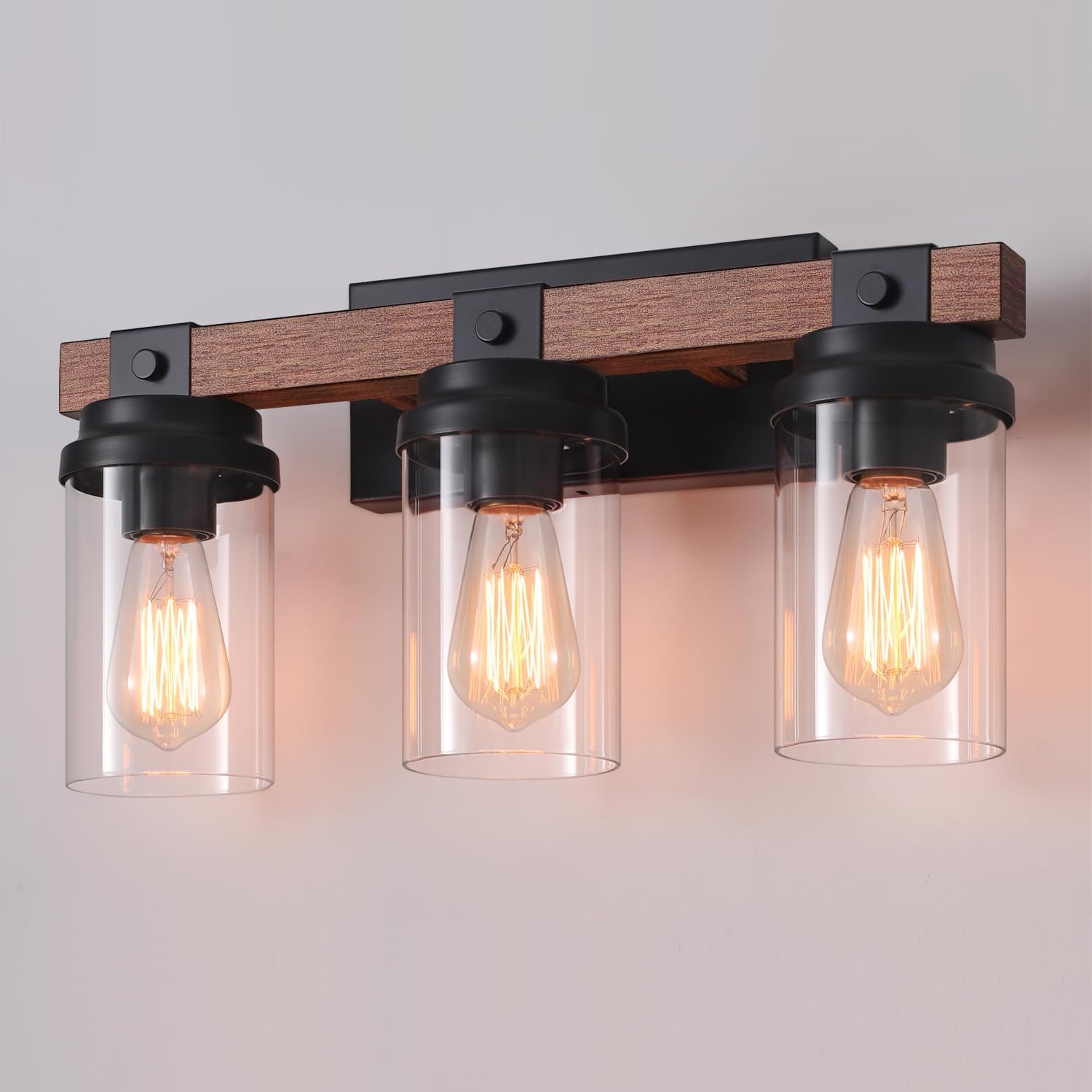 2-Light Farmhouse Vanity Lights for Bathroom, Rustic Bathroom Light Fixtures with Pretty Glass Shade, Rustic Vanity Light for Mirror, Black Wood Wall Sconces for Hallway Bedroom Living Room