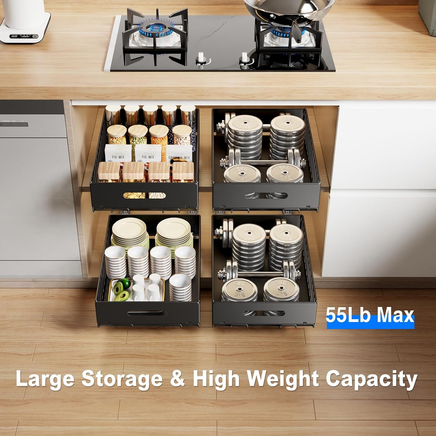 2 Pack Pull Out Cabinet Organizer, Slide Out Drawers for Cabinets, Peel and Stick, Heavy Duty Shelves for Kitchen, Cupboard, Pantry, Bathroom (16.5" D*11.8" W*3.94" H-Black)