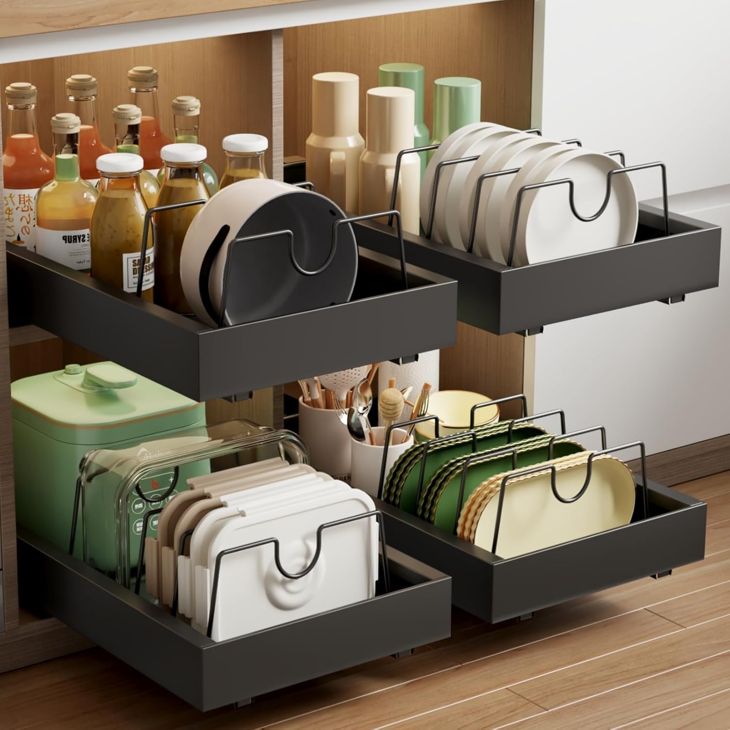 2 Pack Pull Out Cabinet Organizer, Slide Out Drawers for Cabinets, Peel and Stick, Heavy Duty Shelves for Kitchen, Cupboard, Pantry, Bathroom (16.5" D*11.8" W*3.94" H-Black)