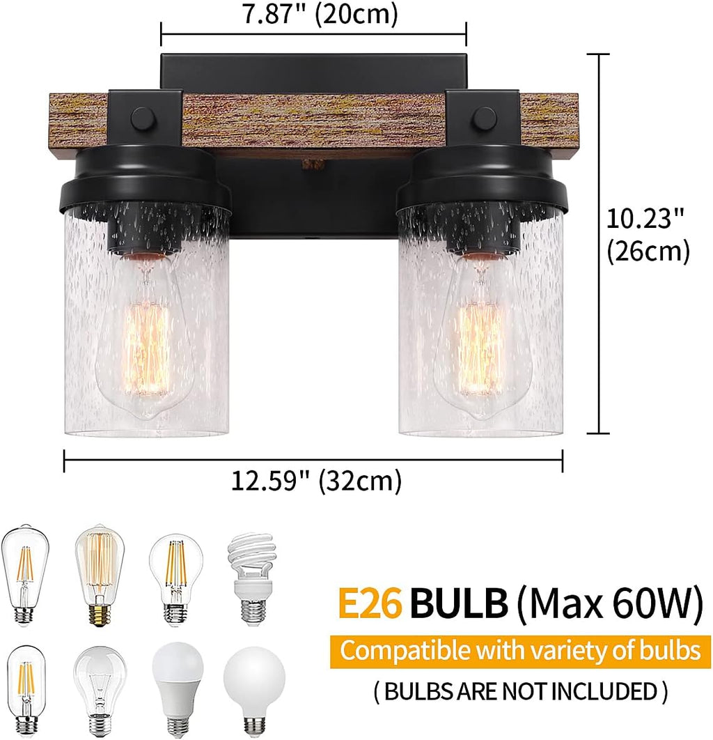 2-Light Farmhouse Vanity Lights for Bathroom, Rustic Bathroom Light Fixtures with Pretty Glass Shade, Rustic Vanity Light for Mirror, Black Wood Wall Sconces for Hallway Bedroom Living Room