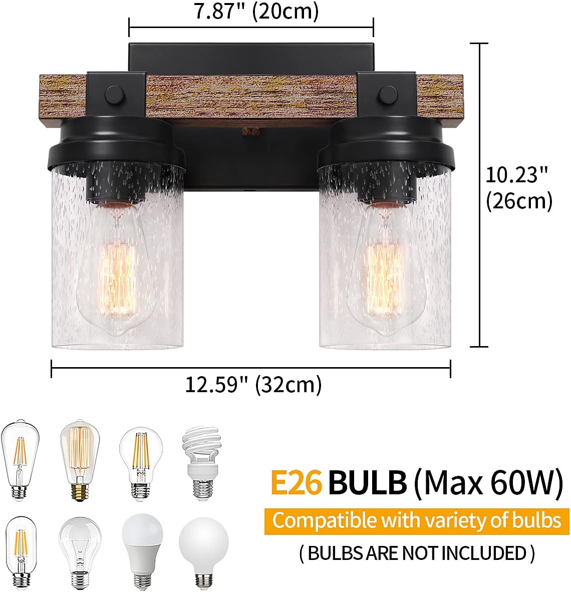 2-Light Farmhouse Vanity Lights for Bathroom, Rustic Bathroom Light Fixtures with Pretty Glass Shade, Rustic Vanity Light for Mirror, Black Wood Wall Sconces for Hallway Bedroom Living Room