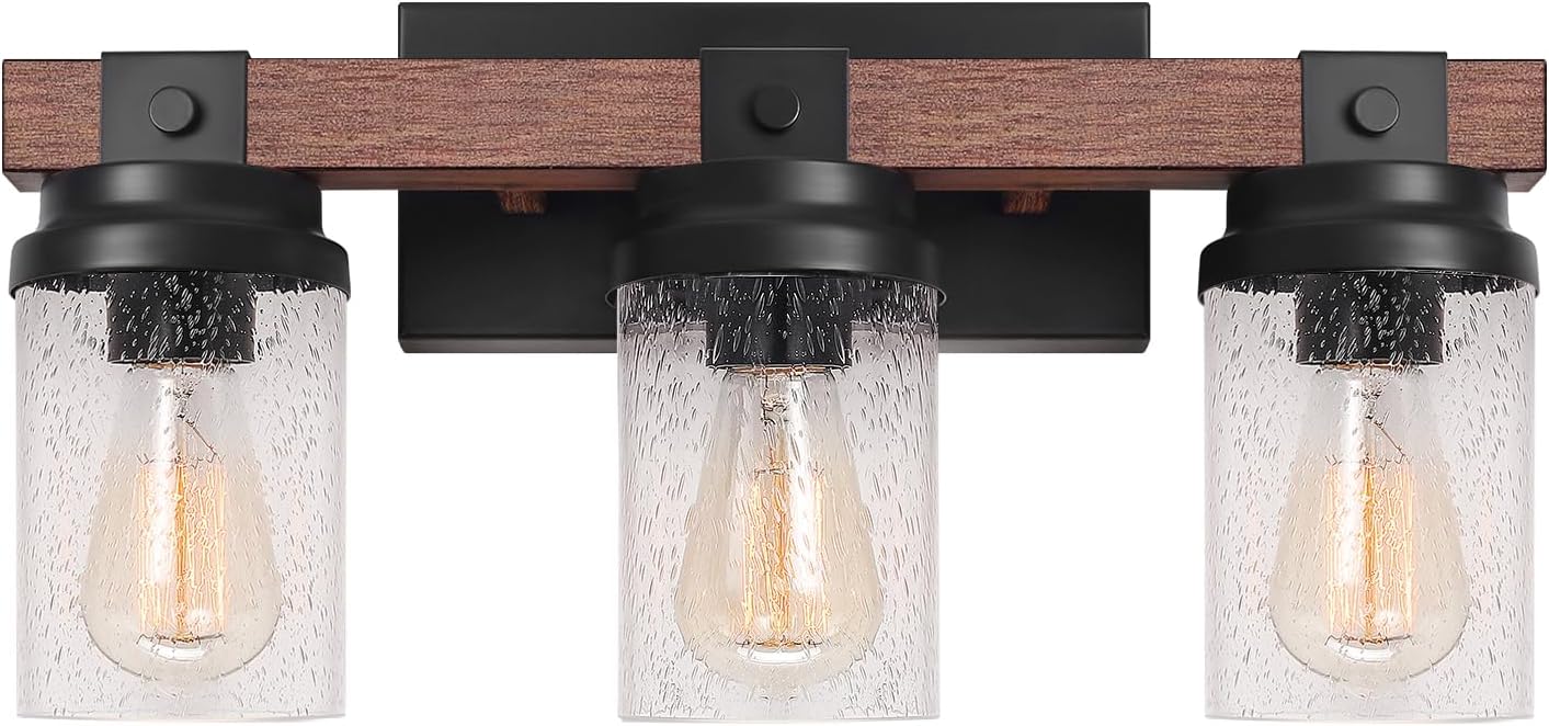 2-Light Farmhouse Vanity Lights for Bathroom, Rustic Bathroom Light Fixtures with Pretty Glass Shade, Rustic Vanity Light for Mirror, Black Wood Wall Sconces for Hallway Bedroom Living Room