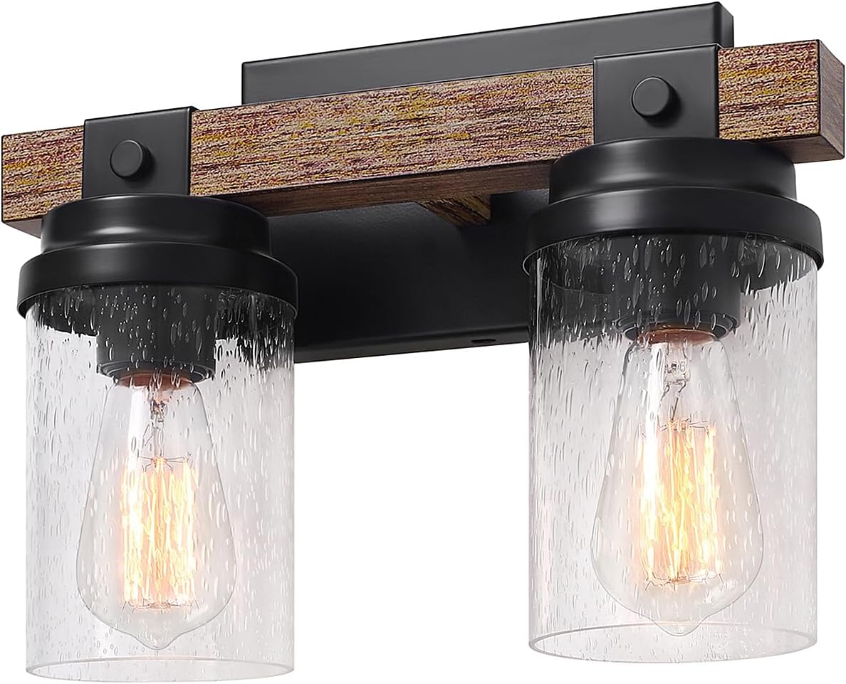 2-Light Farmhouse Vanity Lights for Bathroom, Rustic Bathroom Light Fixtures with Pretty Glass Shade, Rustic Vanity Light for Mirror, Black Wood Wall Sconces for Hallway Bedroom Living Room