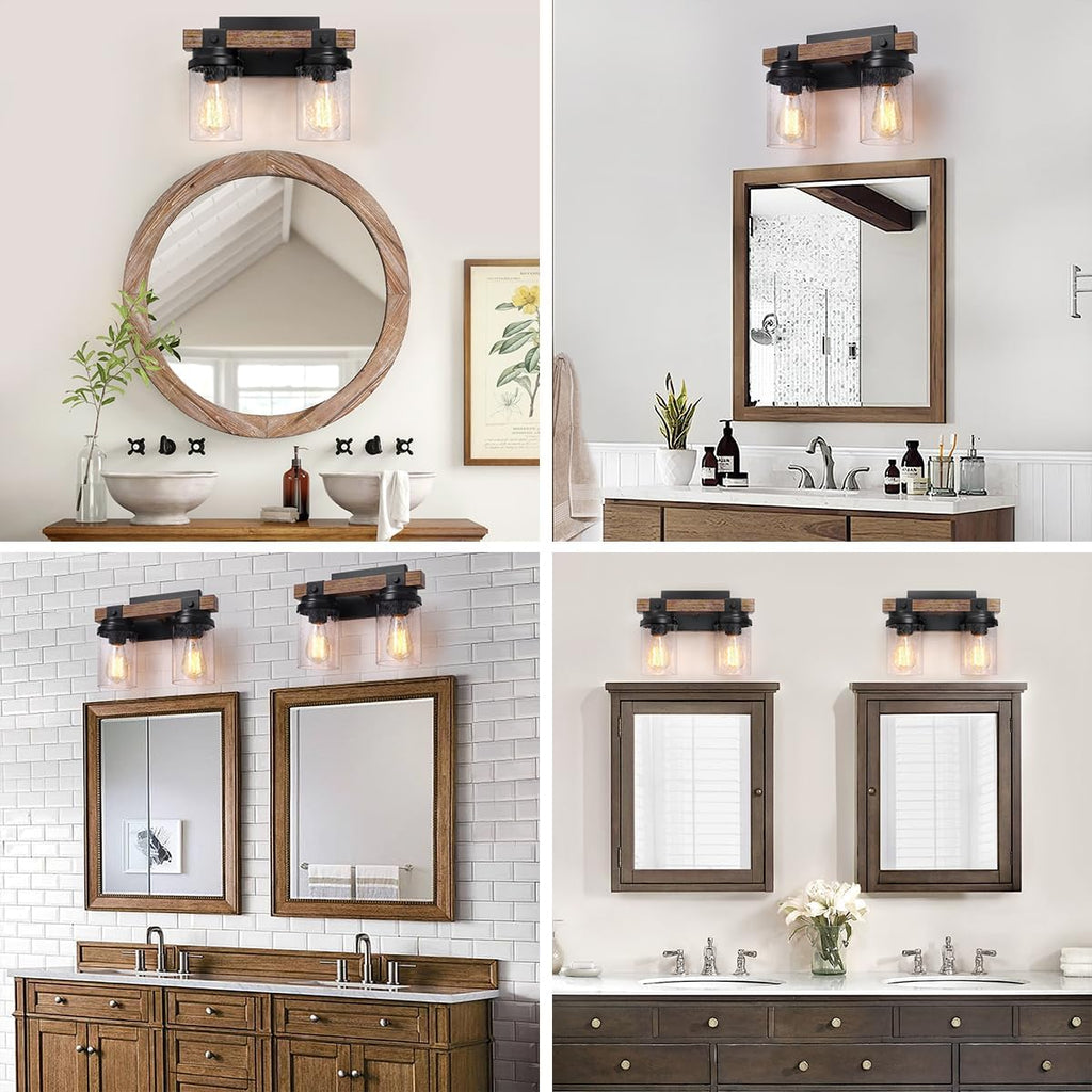 2-Light Farmhouse Vanity Lights for Bathroom, Rustic Bathroom Light Fixtures with Pretty Glass Shade, Rustic Vanity Light for Mirror, Black Wood Wall Sconces for Hallway Bedroom Living Room
