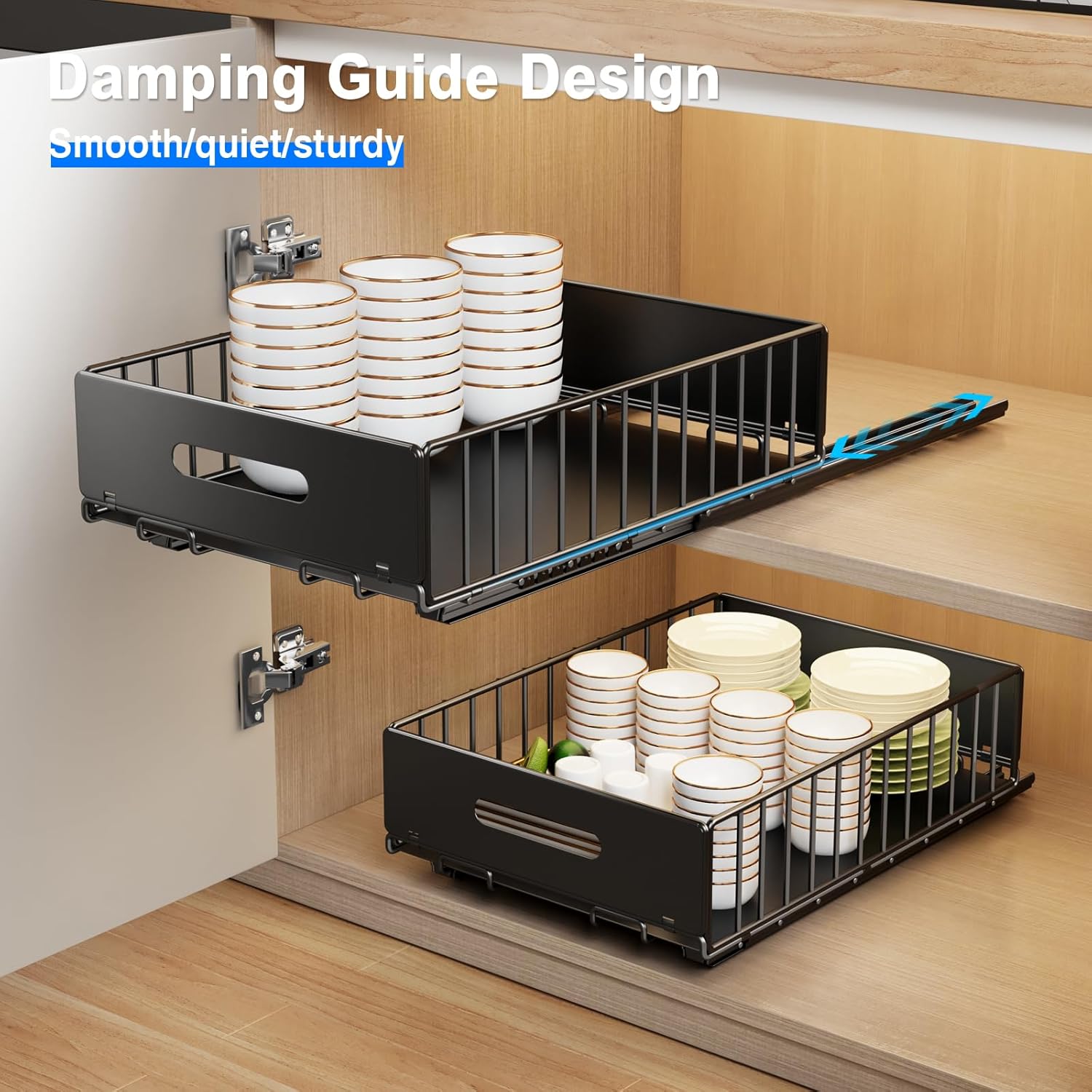2 Pack Pull Out Cabinet Organizer, Slide Out Drawers for Cabinets, Peel and Stick, Heavy Duty Shelves for Kitchen, Cupboard, Pantry, Bathroom (16.5" D*11.8" W*3.94" H-Black)