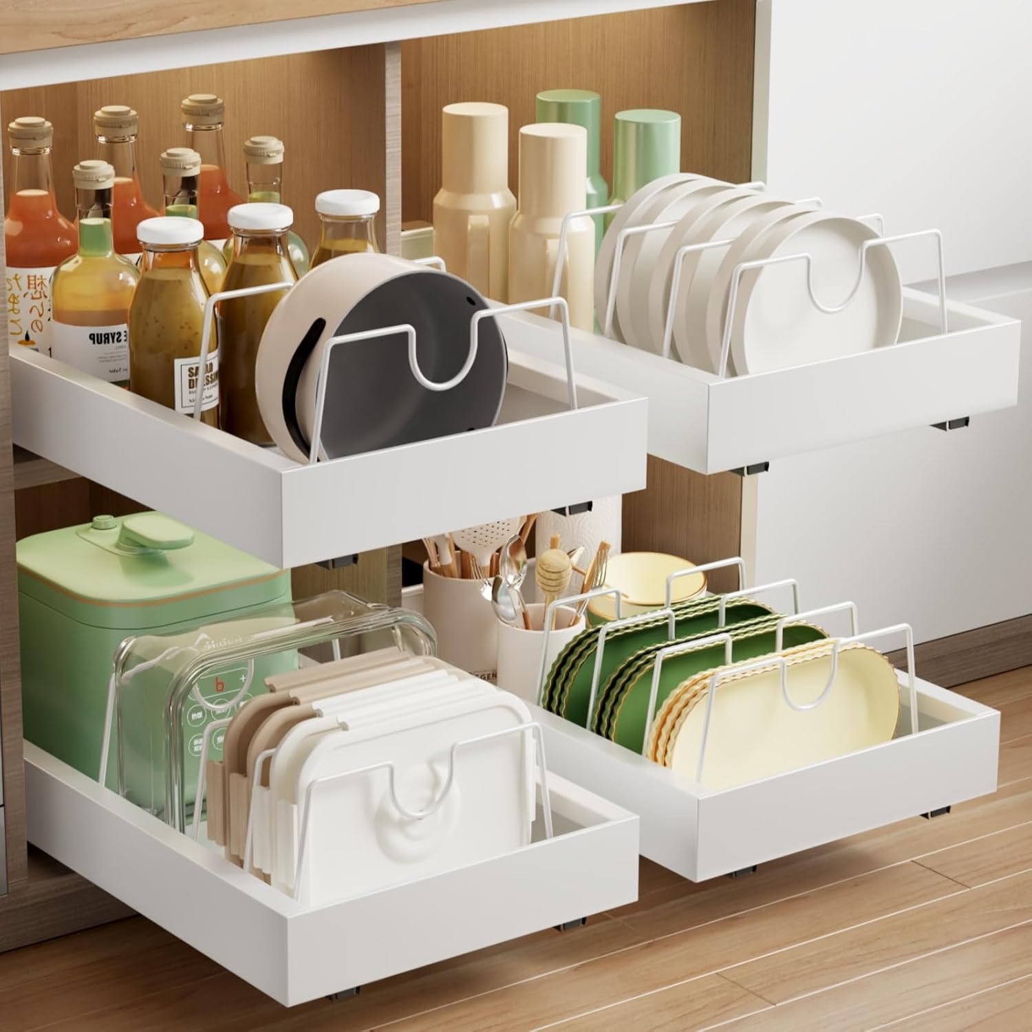 2 Pack Pull Out Cabinet Organizer, Slide Out Drawers for Cabinets, Peel and Stick, Heavy Duty Shelves for Kitchen, Cupboard, Pantry, Bathroom (16.5" D*11.8" W*3.94" H-Black)