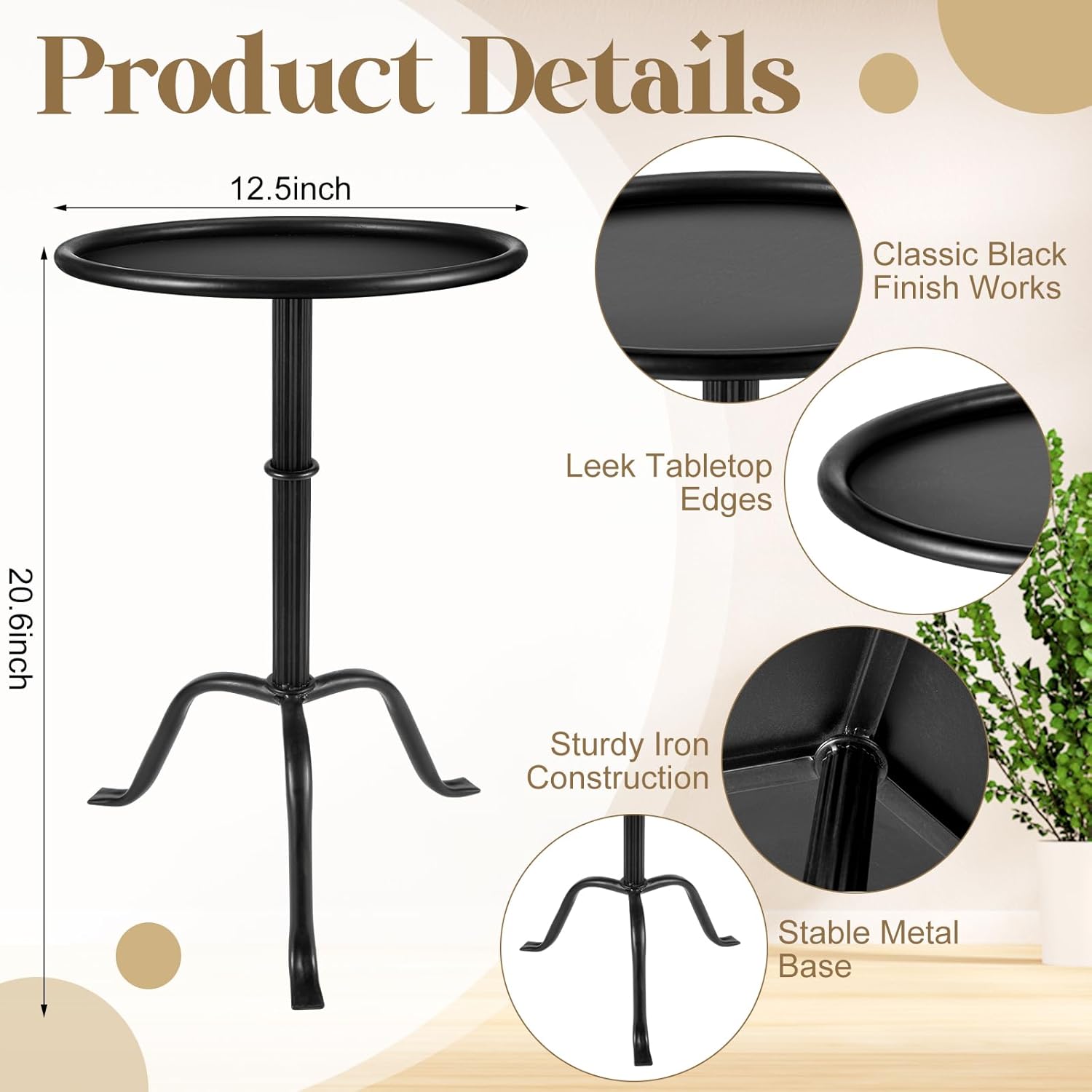 1 Pcs Metal Martini Table Pedestal Small Side Table 12.5 x 12.5 x 20.6 Inches for Living Room Bedroom (Black)