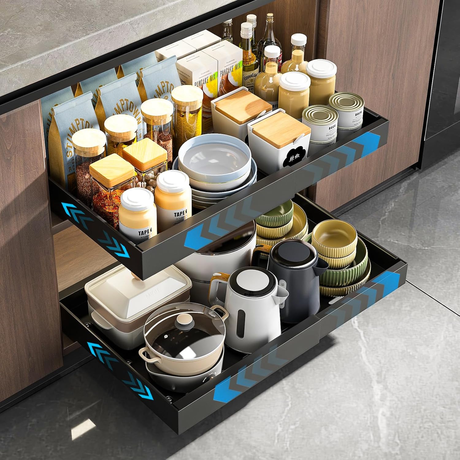 2 Pack Pull Out Cabinet Organizer, Slide Out Drawers for Cabinets, Peel and Stick, Heavy Duty Shelves for Kitchen, Cupboard, Pantry, Bathroom (16.5" D*11.8" W*3.94" H-Black)