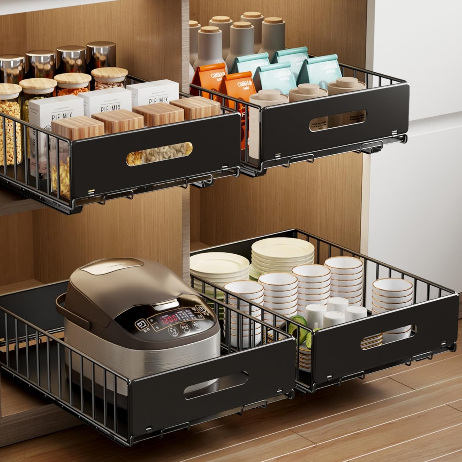 2 Pack Pull Out Cabinet Organizer, Slide Out Drawers for Cabinets, Peel and Stick, Heavy Duty Shelves for Kitchen, Cupboard, Pantry, Bathroom (16.5" D*11.8" W*3.94" H-Black)