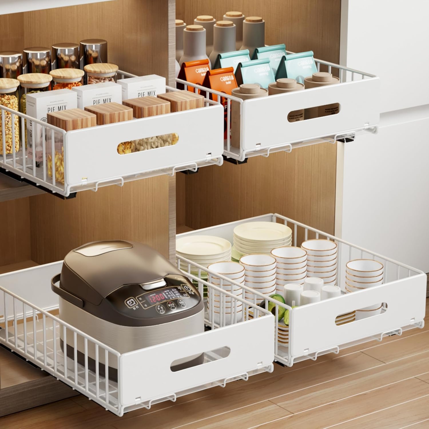 2 Pack Pull Out Cabinet Organizer, Slide Out Drawers for Cabinets, Peel and Stick, Heavy Duty Shelves for Kitchen, Cupboard, Pantry, Bathroom (16.5" D*11.8" W*3.94" H-Black)